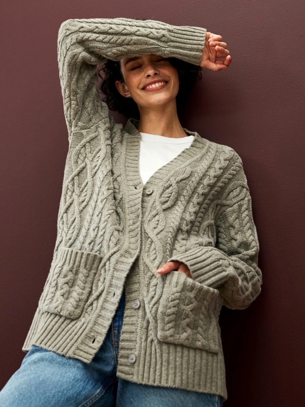 Michael Stars Walsh Cable Knit Cardigan size M Heather Grey oversized